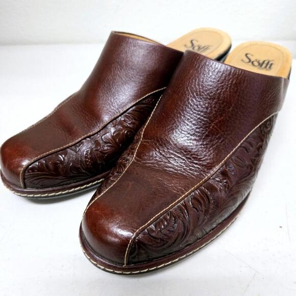 Sofft Brown Tooled Leather Mules Size 9.5 M - Picture 1 of 7